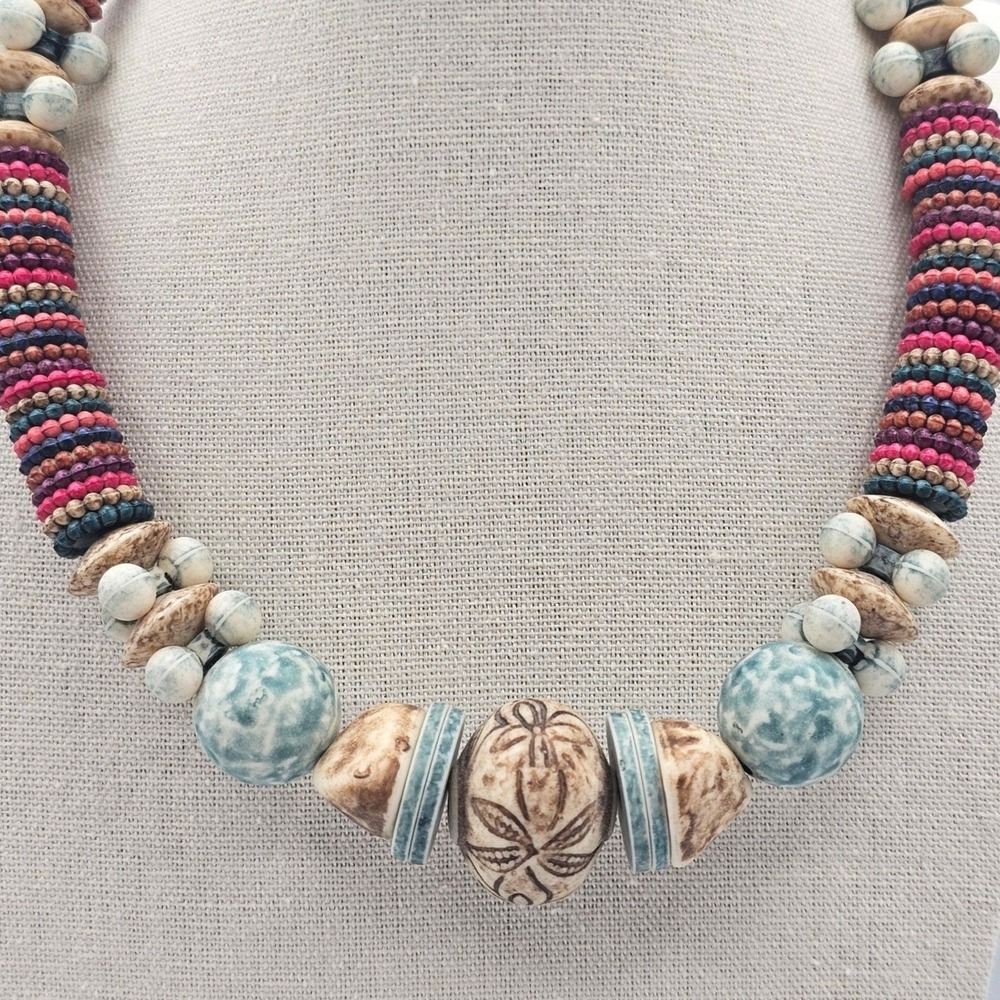 Beaded Statement Necklace Multicolor Boho Tribal Chunky Earthy - Picture 1 of 12